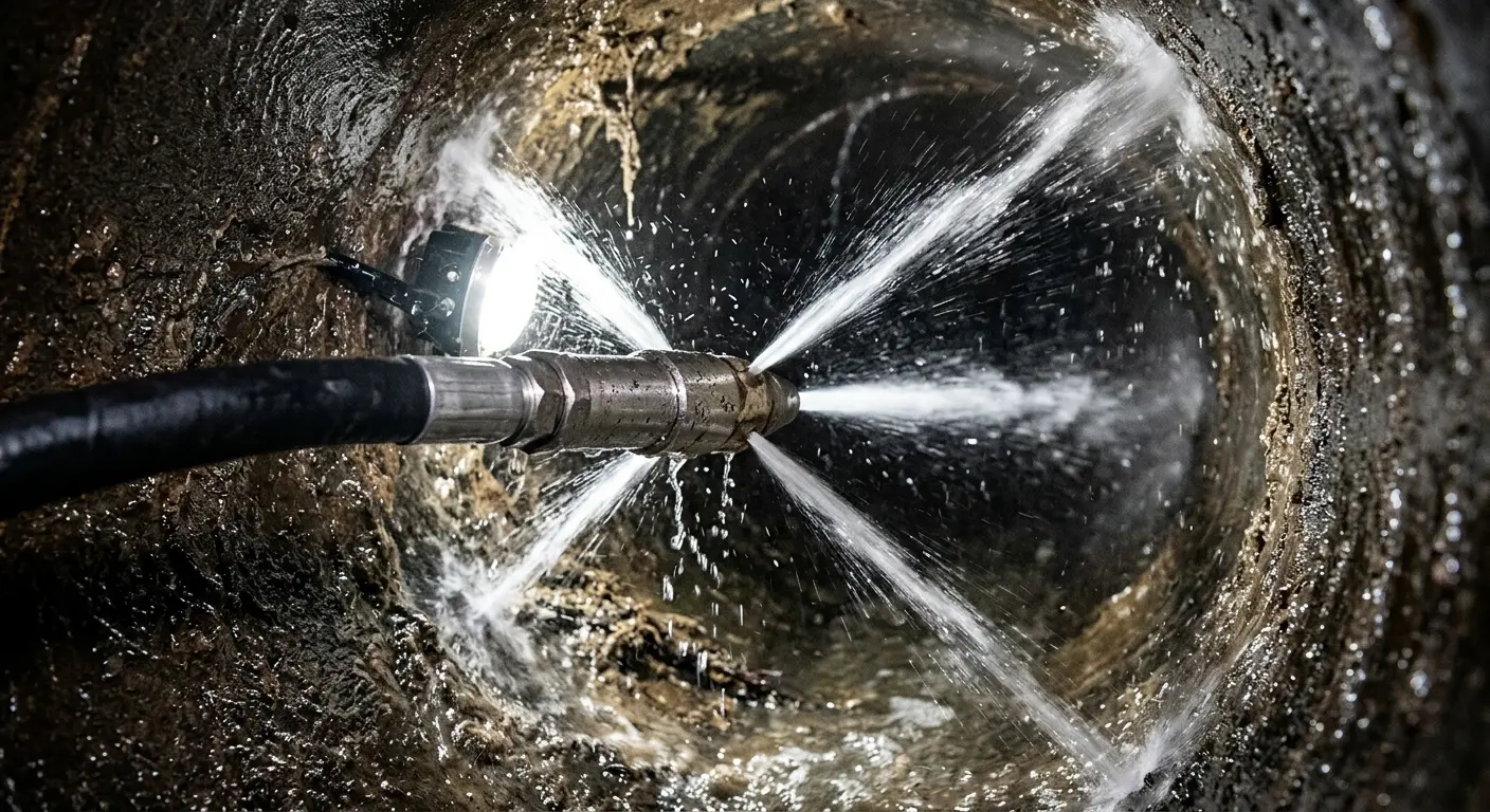High-pressure hydro jetting nozzle cleaning sewer pipe for Emergency Drain Service in Edinboro