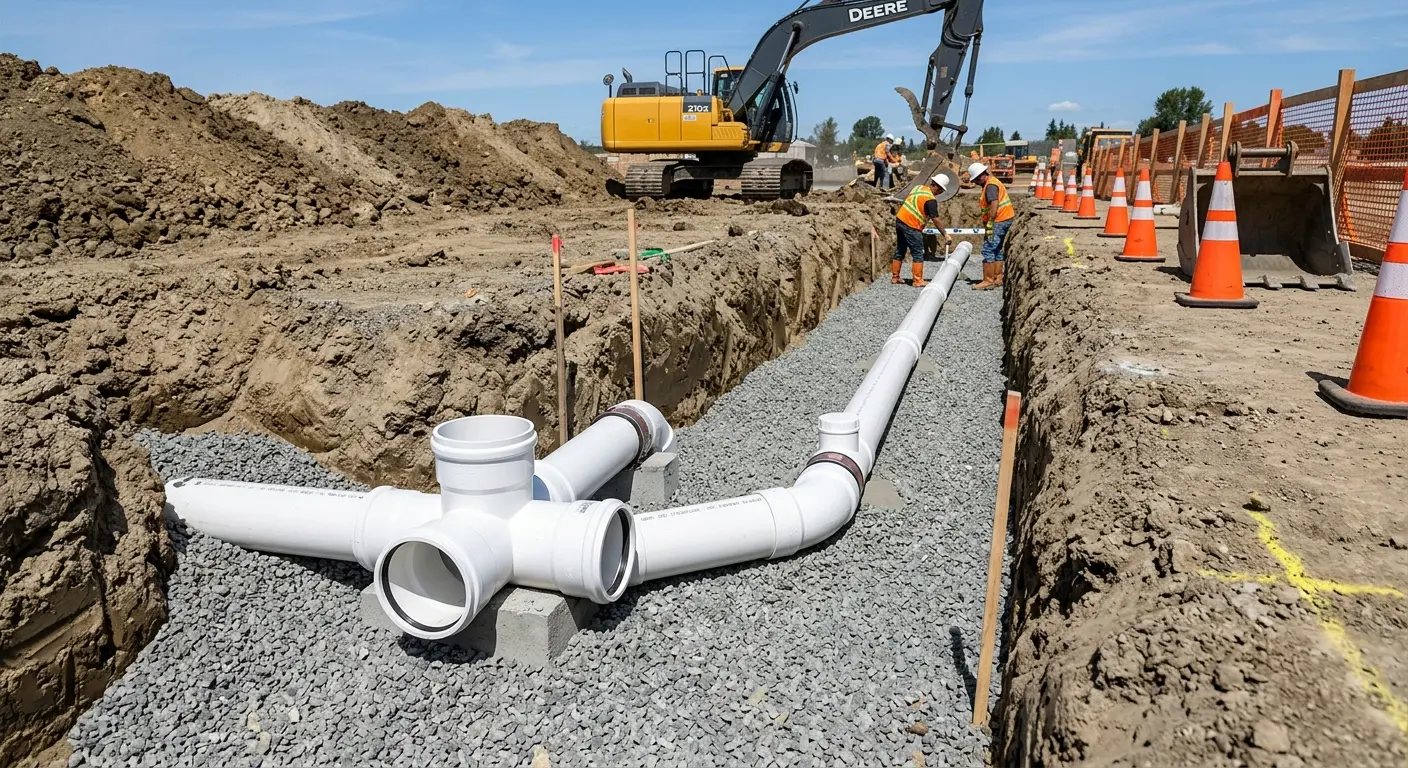 New PVC sewer pipe installation in open trench for Commercial Drain Cleaning in Edinboro
