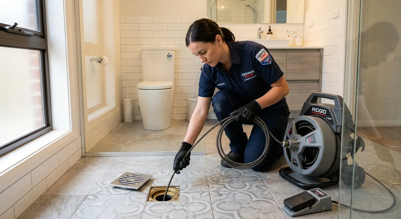 Technician clearing a bathroom floor drain for Clogged Drain Repair in Edinboro